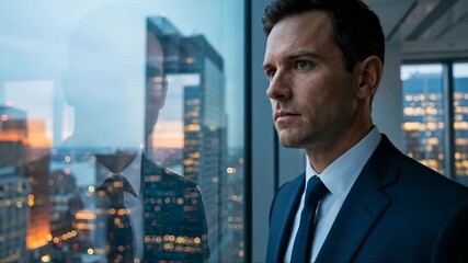 Thoughtful Businessman Gazing Out of High Rise Office Window at Dusk