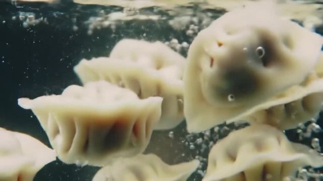 Dumplings boiling underwater macro close up culinary food preparation