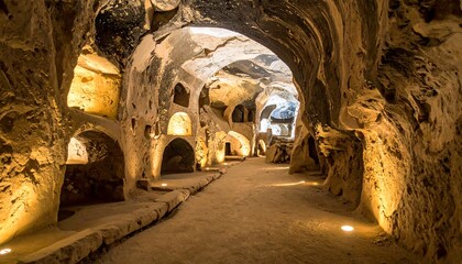 Illuminated cavernous interior with archways and niches carved into sandstone walls, possibly an ancient dwelling or storage space
