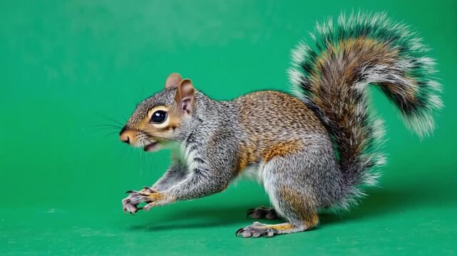 Gray squirrel with bushy tail standing on green background