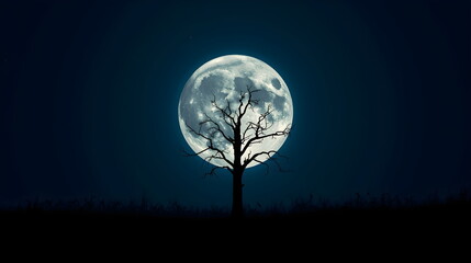 Spooky silhouette of a dead tree against a giant full moon at night