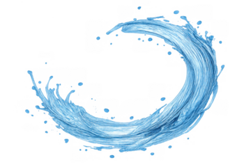 Refreshing blue water splash moving in a dynamic circular wave motion with droplets flying, transparent background element