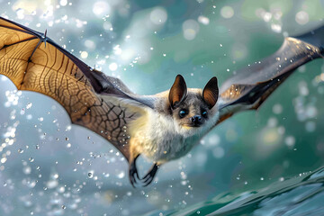 Close Up Of A Bat Flying Over Water With Splashing Water Droplets