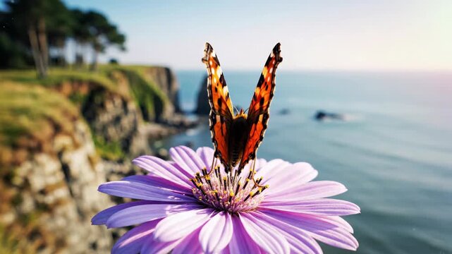 Observing a butterfly perched on a purple flower by the sea