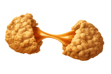 Golden crispy fried chicken pieces separating, showing stretching honey glaze between them, transparent background