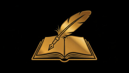 An exquisite golden quill pen delicately placed upon an open book, serving as a powerful emblem of knowledge, education, literature, and the elegant craft of writing