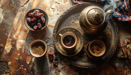 arabic coffee ritual with steaming hot dates and whole beans served on an antique brass tray for cultural morning traditions