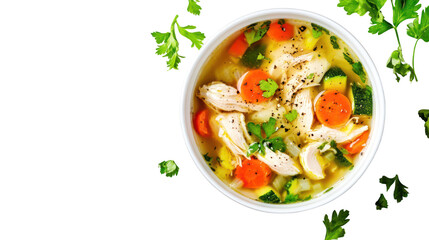 Clear chicken soup with vegetables top view fresh and healthy on transparent background