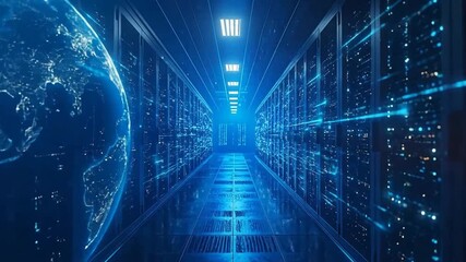 Futuristic server room with a glowing globe, reflecting global interconnectedness and data management.