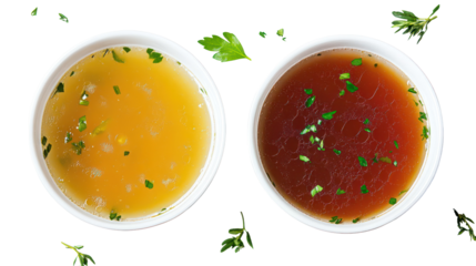 Clear vegetable broth and bone broth soup two bowls side by side on transparent background