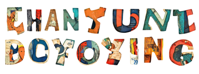 Collage font cut out anonymous letters ransom note style alphabet on transparent background