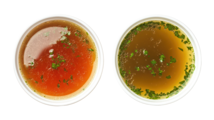 Clear vegetable broth and bone broth soup two bowls side by side on transparent background