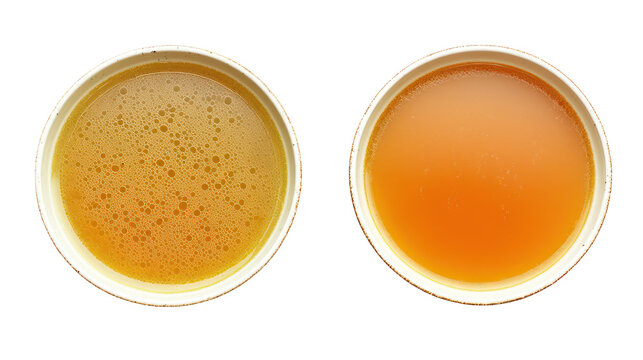 Clear vegetable broth and bone broth soup two bowls side by side on transparent background