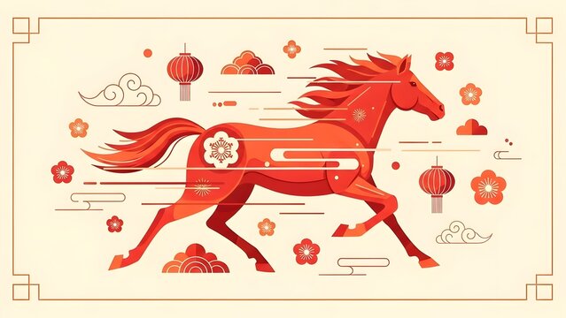 Red horse running with flowing mane and tail surrounded by flowers and lanterns