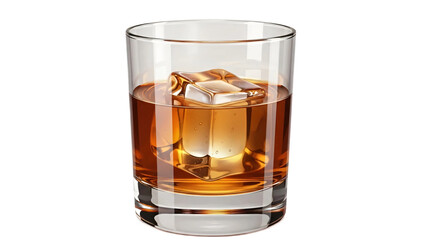 Whiskey glass with ice cubes isolated on transparent background, classic alcoholic drink concept for bar and nightlife design