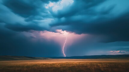 A dramatic lightning storm illuminates a vast open field under a dark and ominous sky