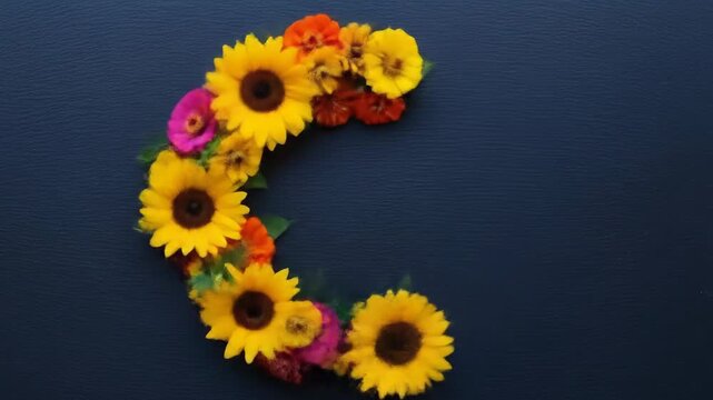 Floral wreath of sunflowers and colorful zinnias arranged on a dark background.