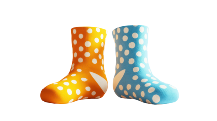 Colorful polka dot socks side by side realistic fabric folds on transparent background