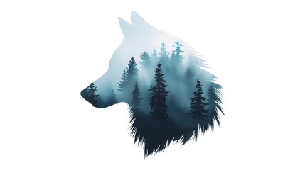 Double exposure silhouette of a wolf head with misty pine forest landscape and blue tone
