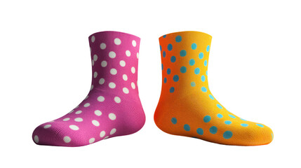 Colorful polka dot socks side by side realistic fabric folds on transparent background