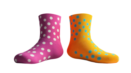 Colorful polka dot socks side by side realistic fabric folds on transparent background