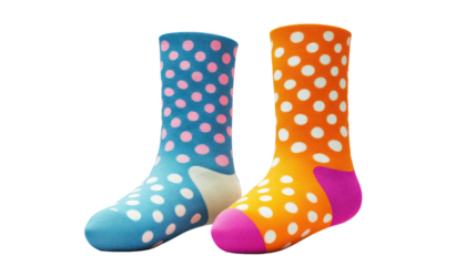 Colorful polka dot socks side by side realistic fabric folds on transparent background