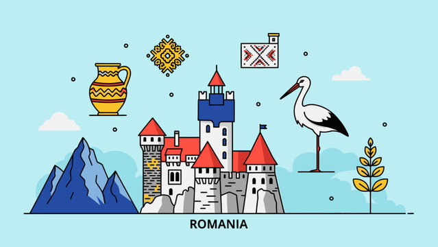 Romania Travel Icons: Castle, Stork, Mountains, Pottery, Traditional Patterns