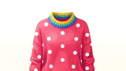 Pink sweater with white polka dots and rainbow collar on white background