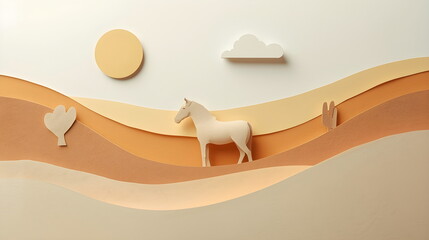 Minimalist paper cut horse in beige desert landscape with sun and clouds
