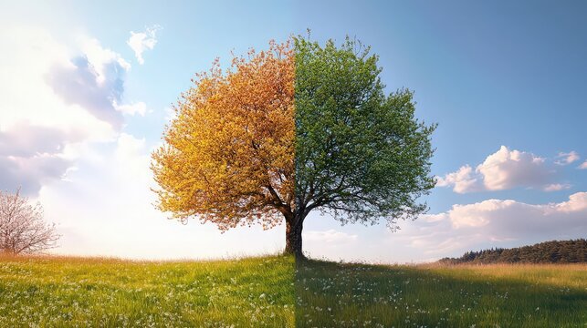 A tree stands in a field, split in two with one side in autumn and the other in spring under a blue sky with clouds.