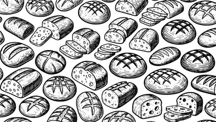 Sourdough bread background pattern vector with vintage rustic hand drawn sketch style artisan bakery crusty loaves for organic food packaging design 
