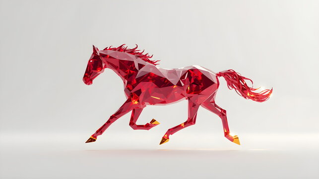 Red Geometric Low Poly Horse Running on White Background