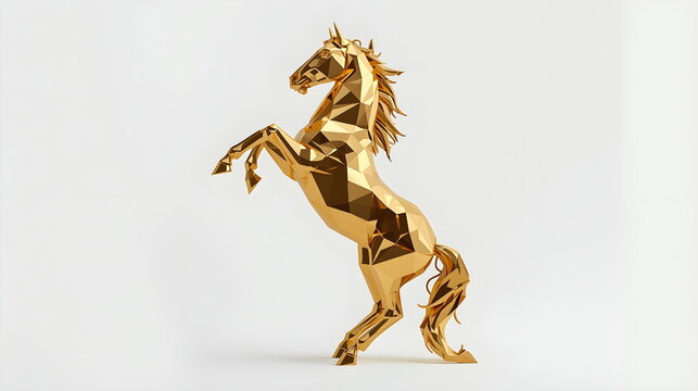 Golden Low Poly Horse Statue Rearing Up on White Background