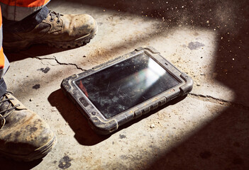 Rugged Industrial Tablet on Construction Floor - Durable Field Technology for Contractors