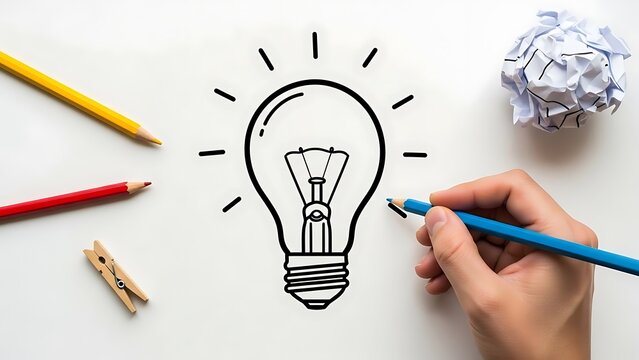 Hand drawing a glowing light bulb sketch surrounded by colorful pencils a crumpled paper ball and a wooden clothespin on a white surface - Powered by Adobe