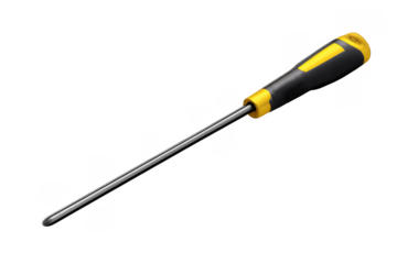 Screwdriver with yellow and black handle, a manual hand tool for household repair, construction, and handyman work, transparent background