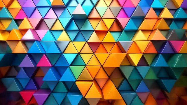 Abstract colorful geometric background made of stacked triangular shapes, creating a vibrant and dynamic pattern.