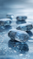 blue liquid capsules with bubbles, transparent medical capsules floating, abstract biotech pill concept
