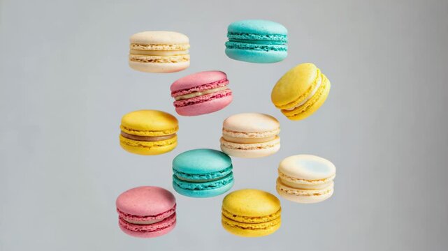 Bright and colorful macaroon cookies levitating in air on gray background
