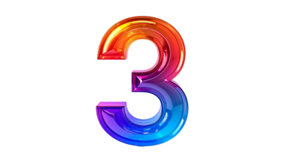 A vibrant, glossy digit "3" is rendered in a gradient of warm and cool colors, against a solid black background