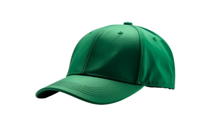 A vibrant, emerald-green baseball cap, angled slightly from a side perspective against a deep-black background, highlighting its shape