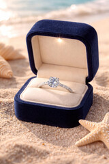 An engagement ring in case on the beach