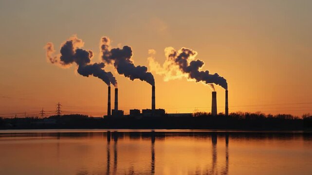 Industrial oil plant with chimney pumping smoke pollution emissions into air at sunset