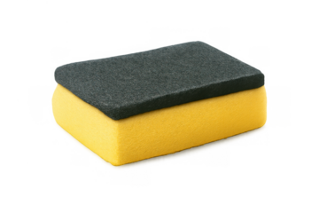 Yellow kitchen sponge with dark abrasive scrubber pad for effective dishwashing and cleaning tasks, transparent background