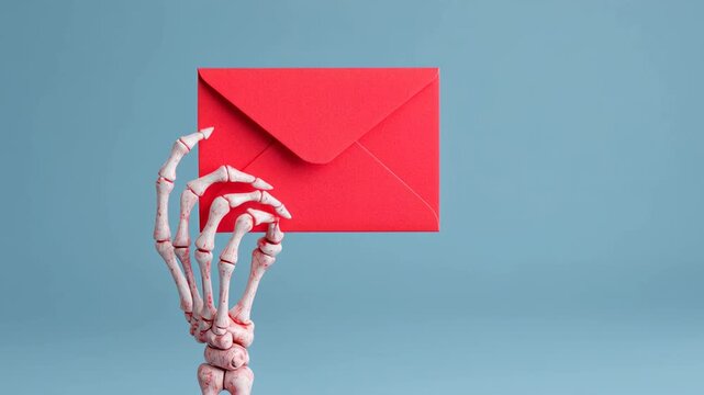 Skeleton hand red envelope on blue background halloween concept quirky creepy minimal art