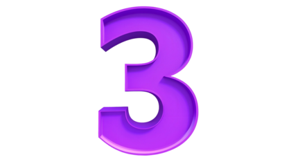 A vibrant, purple, three-dimensional numeral "3" floats against a stark black background, emphasizing its sleek, modern design