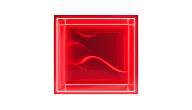 A vibrant, neon-red, layered box illuminated against a stark black background, with organic flowing interior lines - Powered by Adobe