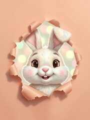 Adorable Easter Bunny Portrait Emerging from Torn Textured Sheet, Fluffy Rabbit Head Framed by Paper Breakthrough for Spring Holiday Happiness
