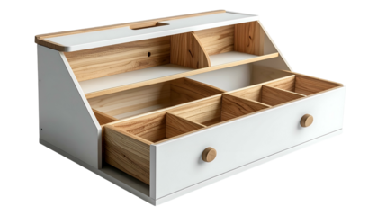 A white and wood organizer with shelves, a drawer, and compartments, perfect for desktop organization and storage