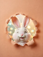 Adorable Easter Bunny Portrait Emerging from Torn Textured Sheet, Fluffy Rabbit Head Framed by Paper Breakthrough for Spring Holiday Happiness
